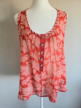 PJK Patterson J Kincaid Blouse Tank Orange White Popover Sheer Size M Paisley